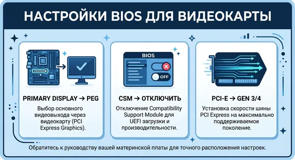 Инфографика с настройками BIOS для корректной инициализации видеокарты, чтобы принудительно направить видеосигнал на дискретный адаптер.