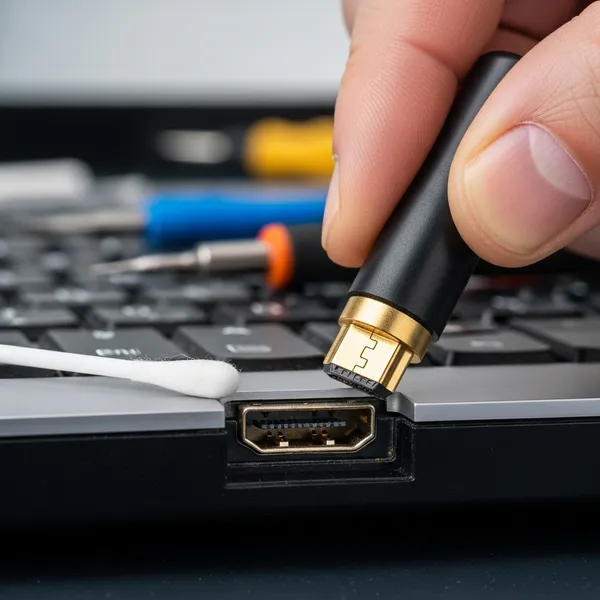 Очистка HDMI-порта ноутбука сжатым воздухом и изопропиловым спиртом