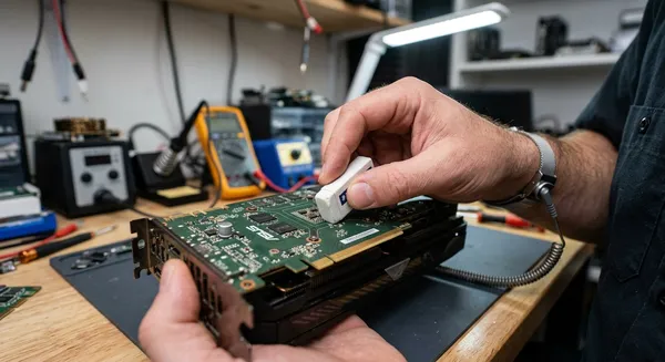 Очистка золотых контактов видеокарты ластиком для восстановления связи по шине PCI-e, что необходимо при окислении ламелей.